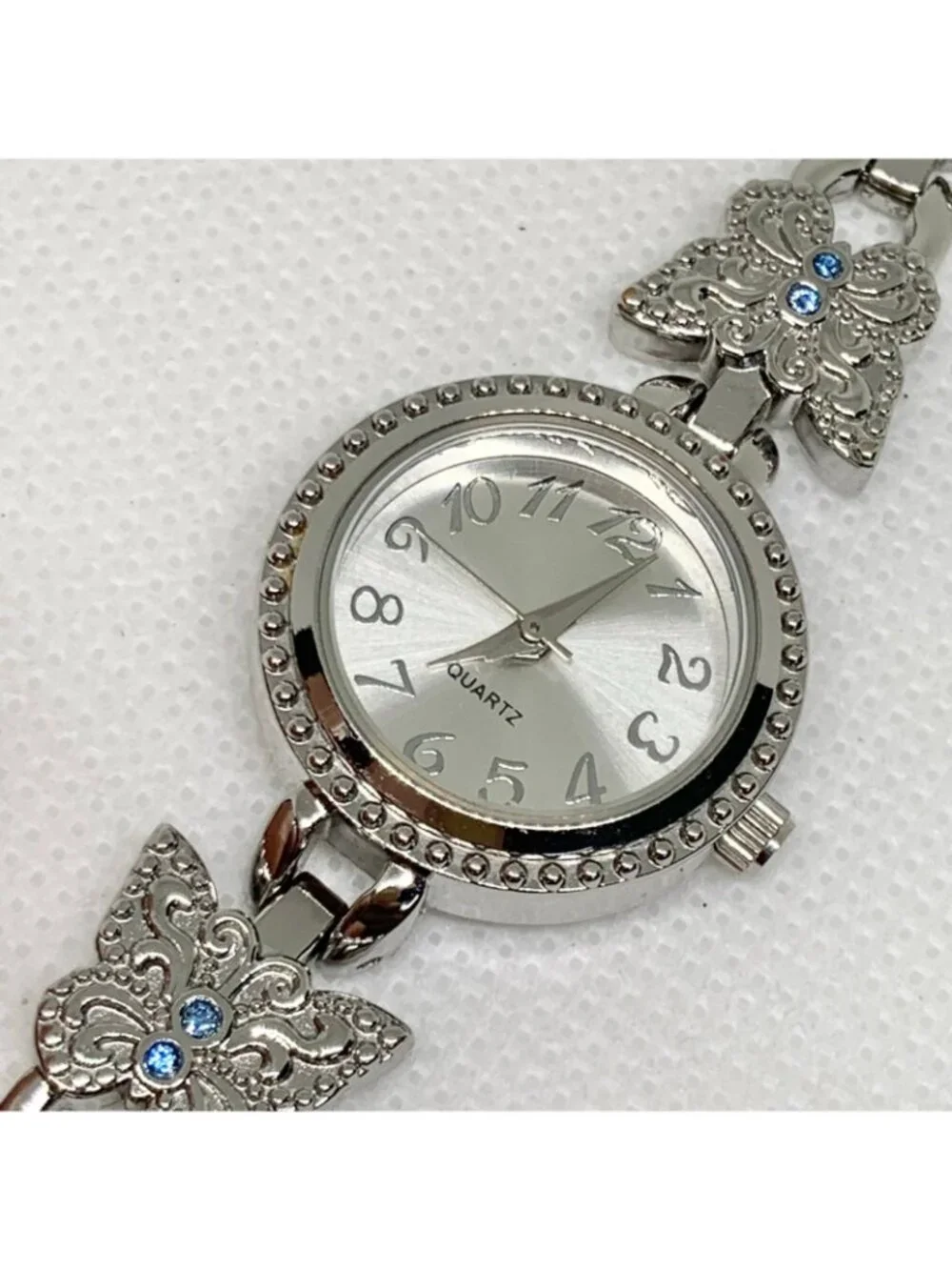 Butterfly blue Rhinestone Silver Tone Quartz women Watch 23mm up to 7.5” running